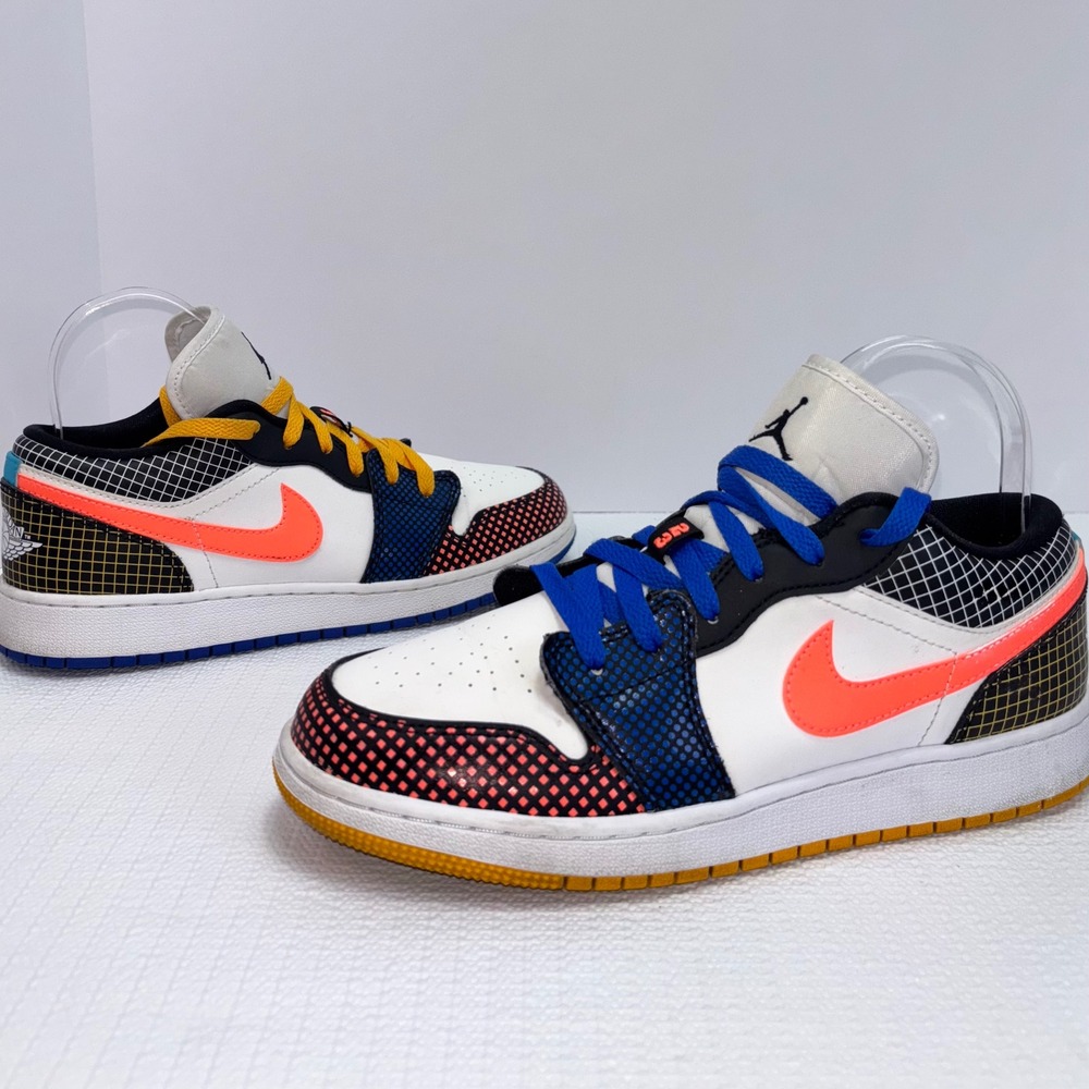 Nike Air Jordan 1 Low Multi Color Grid Sneakers White Coral Blue Yellow Size 7 Y